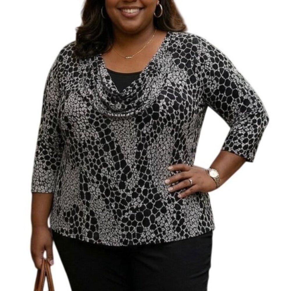 Brittany Black Plus Size 3X Top Cowl Neck Black Animal Print 3/4 Sleeve Blouse